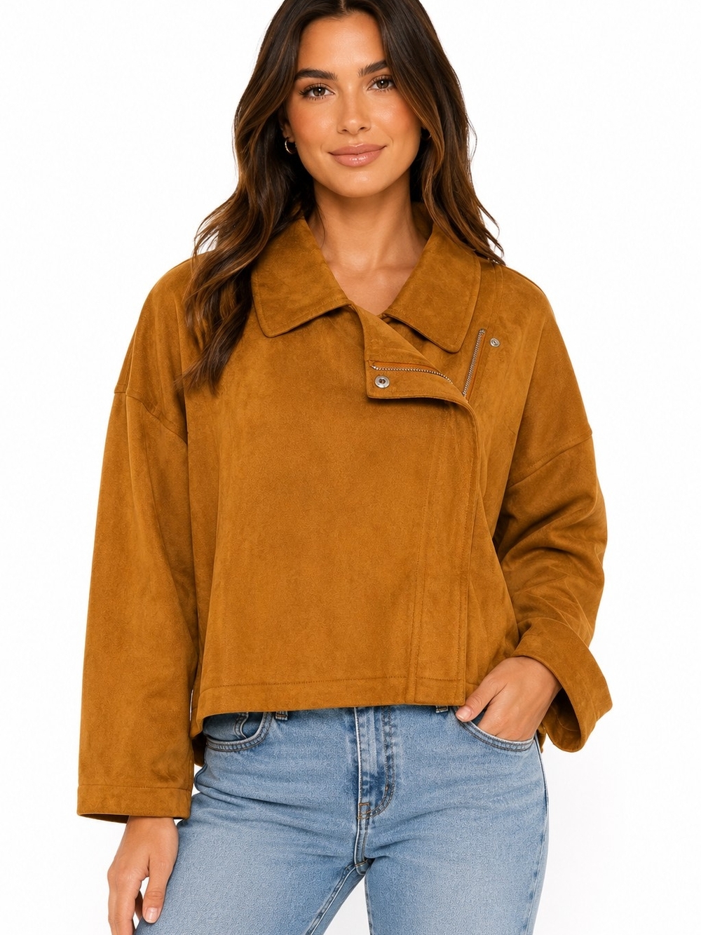 SHEIN Camel Suede-Look Boxy Jean Jacket